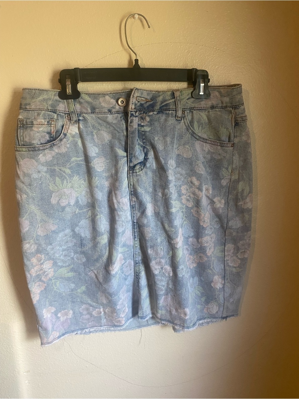 CHARLIE B Light Blue Denim Skirt with Lavender Floral Detail